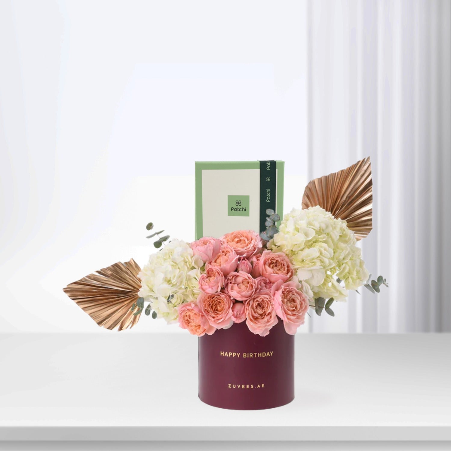 Golden Peach – Birthday Bloom Box with Chocolate Combo - Zuvees.ae