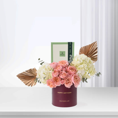 Golden Peach – Birthday Bloom Box with Chocolate Combo - Zuvees.ae