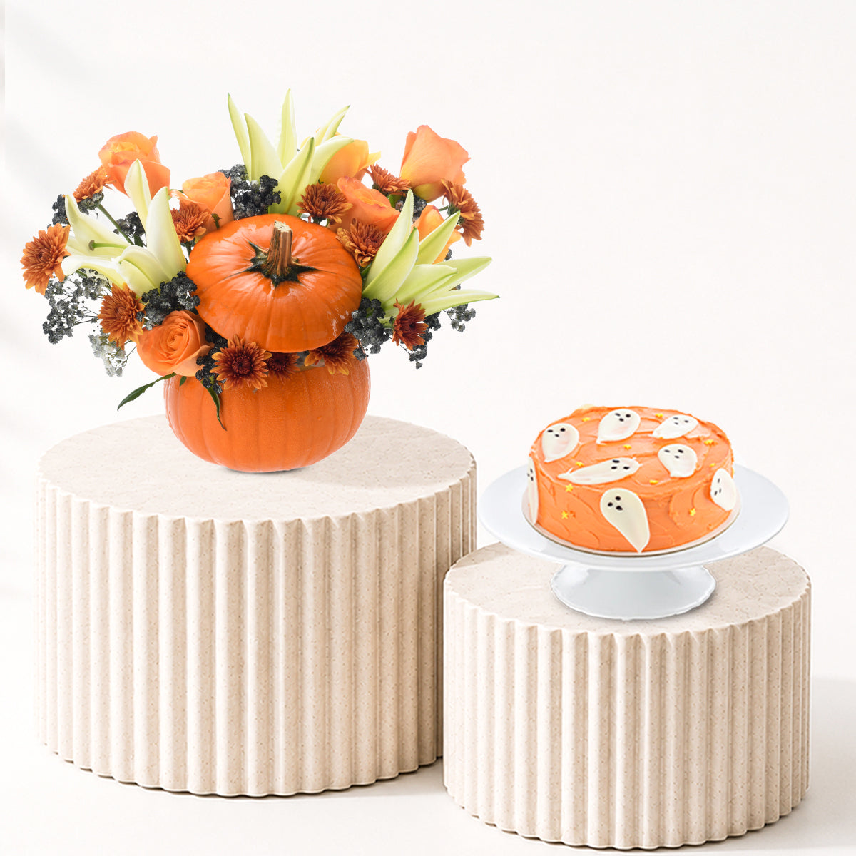 Halloween Lily and Mix Flowers Pumpkin Cake Combo - Halloween Gifts