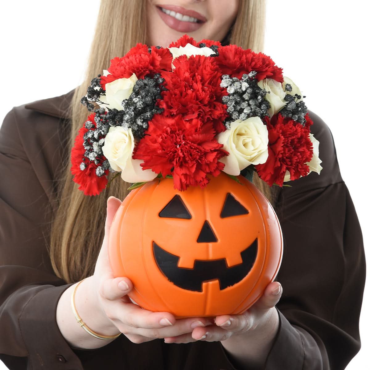 Halloween Red and White Flowers in Pumpkin - Halloween Gifts