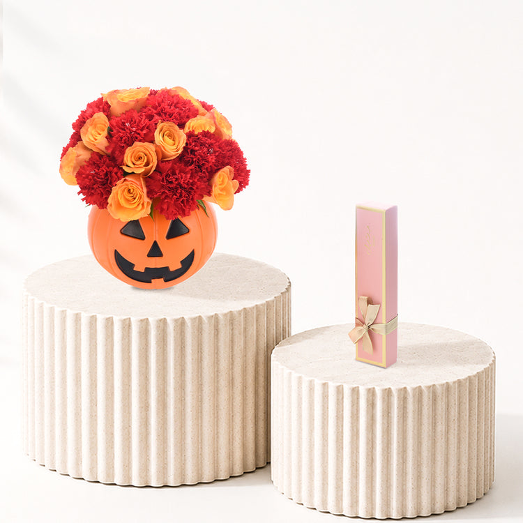 Halloween Roses &amp; Carnations In Pumpkin Indulgence Combo - Halloween Gifts