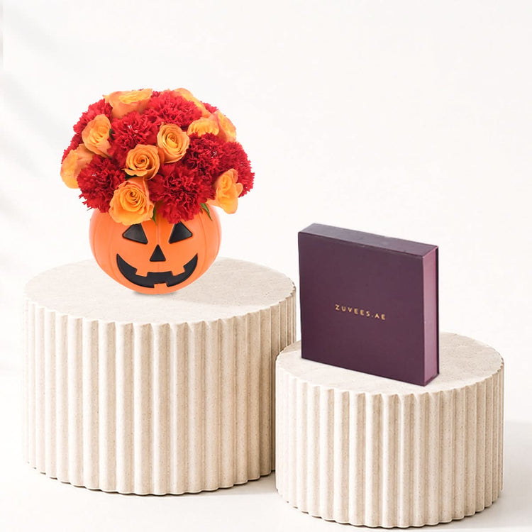 Halloween Roses &amp; Carnations In Pumpkin Chocolates Combo - Halloween Gifts