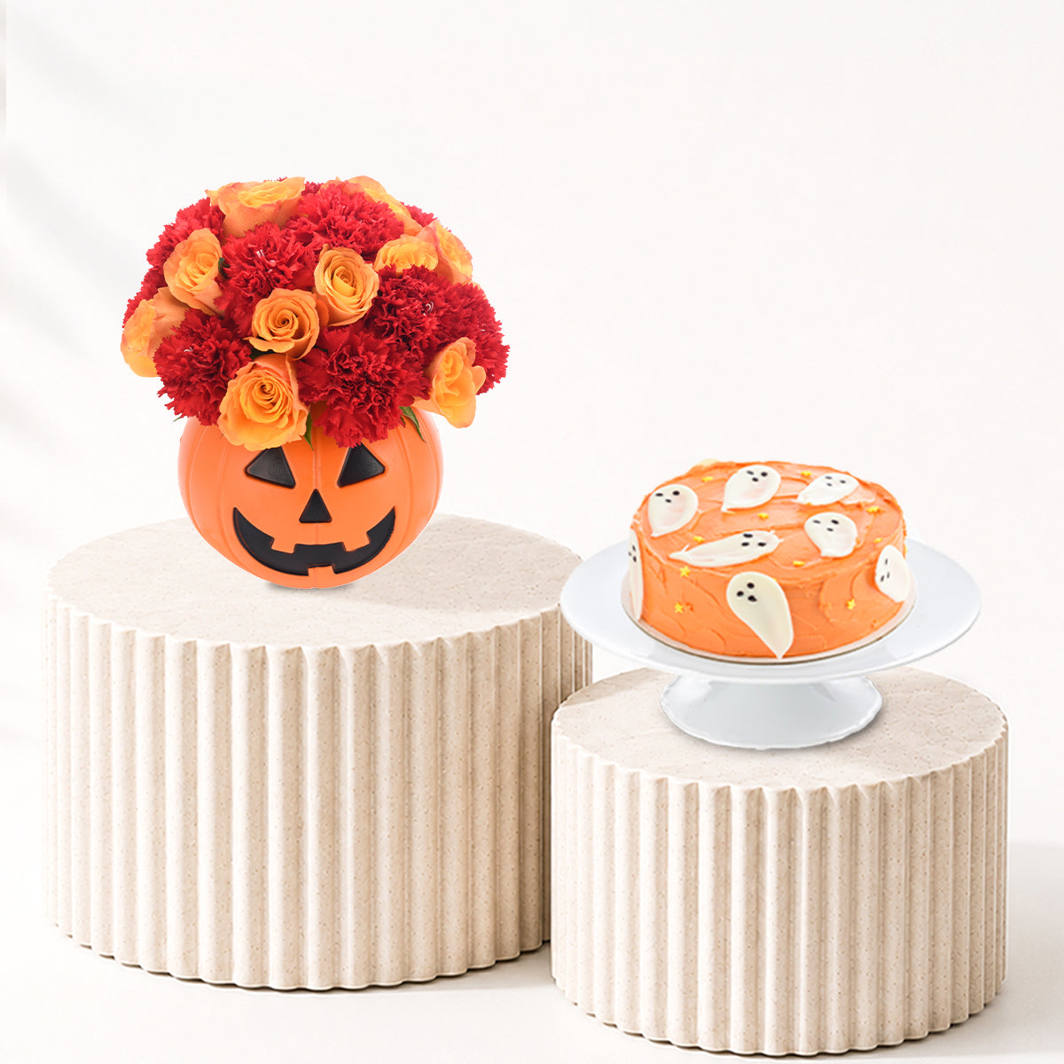 Halloween Roses &amp; Carnations in Pumpkin Cake Combo - Halloween Gifts