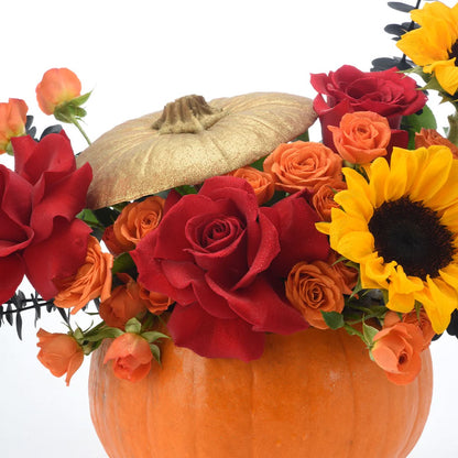 Halloween Sunflower and Roses In Pumpkin - Halloween Gifts