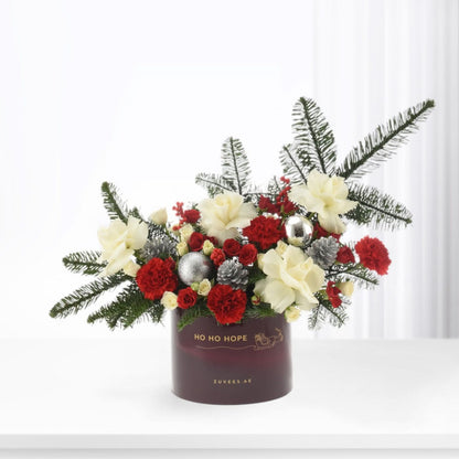 Red and white floral Christmas arrangement in dark burgundy box with "Ho Ho Hope" text.