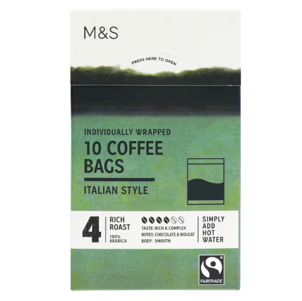 M&amp;S Fairtrade Italian coffee bags: rich roast, chocolate notes, individually wrapped.