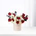 Red and white roses with black eucalyptus in beige "Happy Birthday" box.