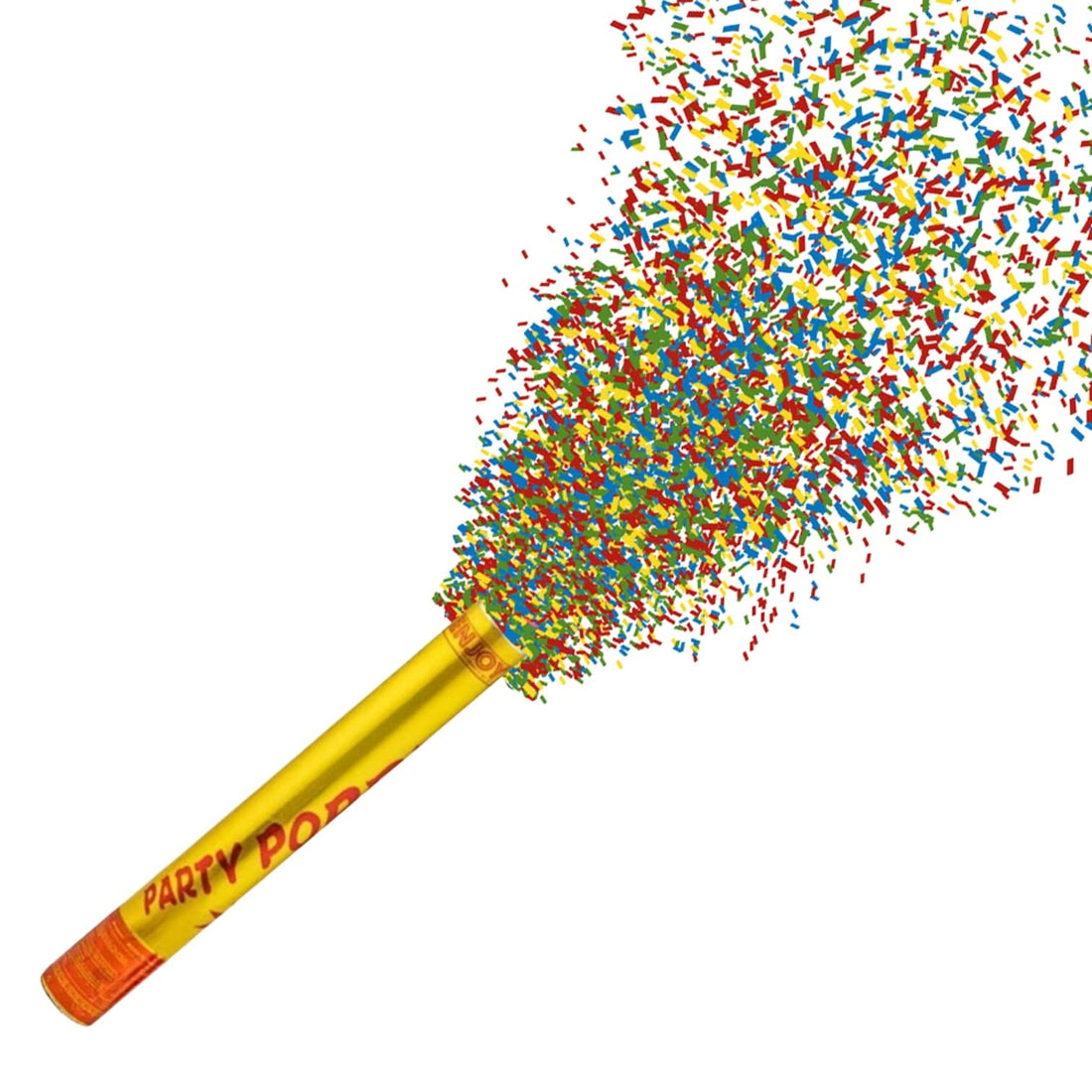 Vibrant yellow party popper bursting with red, blue, green, and yellow confetti.