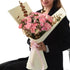 Soft pink roses, eucalyptus, and baby&