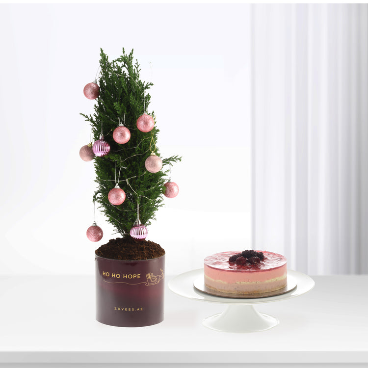 Pink baubles adorn a green tree in burgundy pot beside layered berry cake.