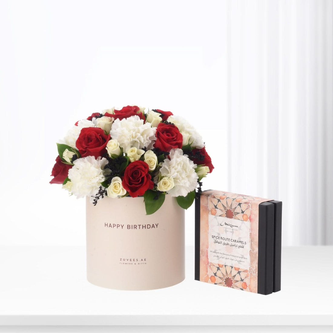 Red and white roses in "Happy Birthday" box with spice caramel gift, elegant floral gift set.