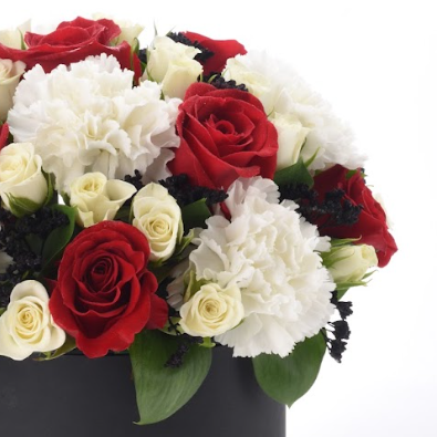 Vibrant red roses and white carnations in sleek black vase.