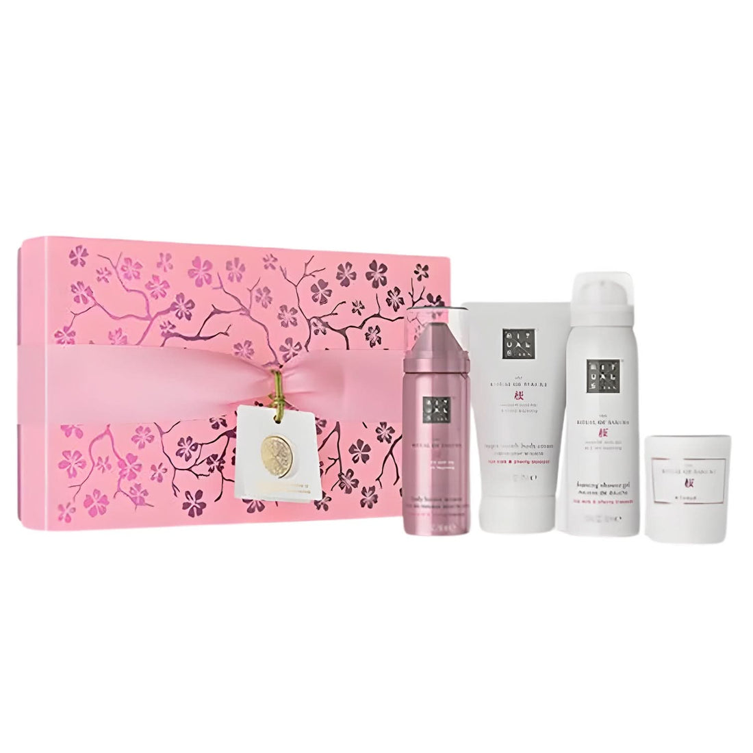 Pink cherry blossom gift set with metallic pink serum and white skincare products.