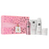 Pink cherry blossom gift set with metallic pink serum and white skincare products.