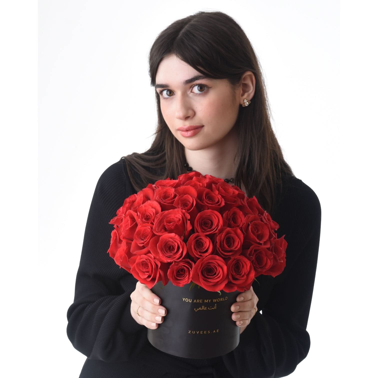 50 Roses in Black Love Vase with Body Shop & Bateel Dates - Zuvees.ae