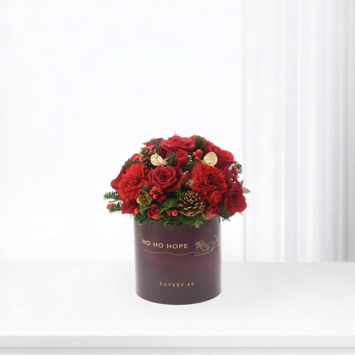 Vibrant red roses and carnations in festive dark purple box with gold "HO HO HOPE" text.