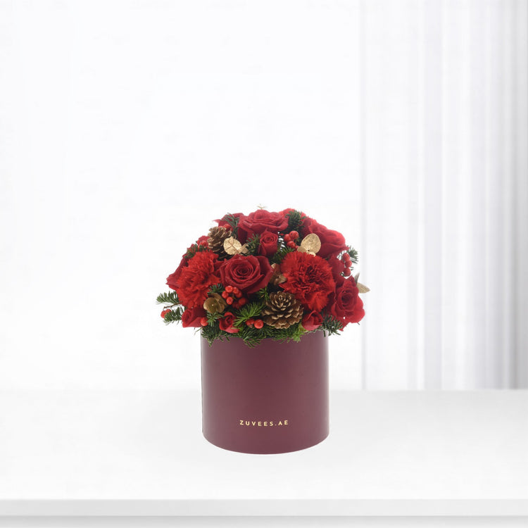 Luxury red rose &amp; carnation bouquet with pinecones, berries, gold accents in burgundy Zuvees box.