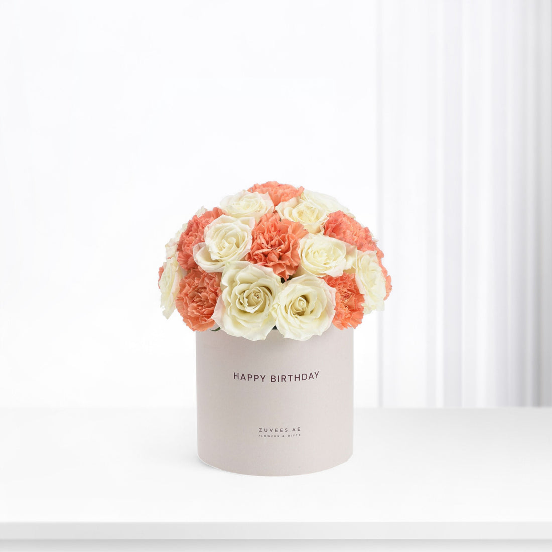 Coral and cream roses &amp; carnations in minimalist "Happy Birthday" box.