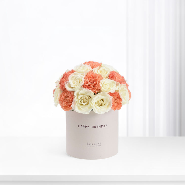 Coral and cream roses &amp; carnations in minimalist "Happy Birthday" box.