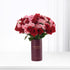 Luxurious red and pink roses in burgundy "Happy Birthday" vase, elegant gift for celebrations.