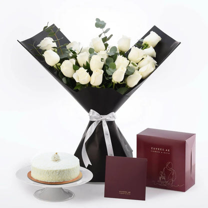 Snow Petals Bouquet with Cake Combo - Zuvees.ae