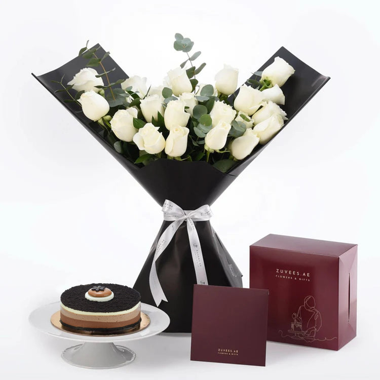 Snow Petals Bouquet with Cake Combo - Zuvees.ae