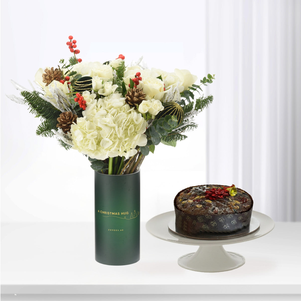 Snowy Christmas Bloom Vase with Cake Combo - Zuvees.ae
