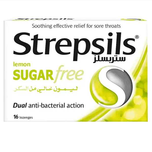 Strepsils lemon sugar-free lozenges: dual anti-bacterial, soothing sore throat relief, 16-count, vibrant green packaging.