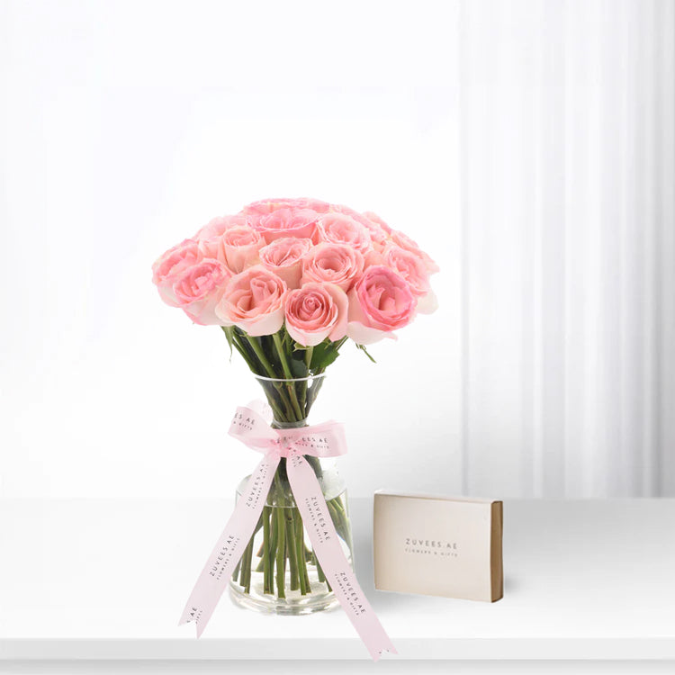 Sweet Pink Roses Vase Chocolates Combo - Zuvees.ae