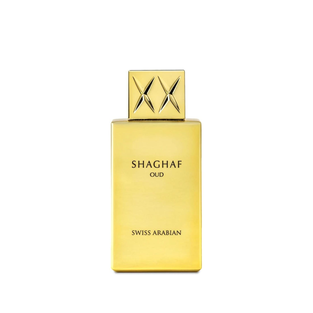 Shaghaf Oud perfume bottle: sleek gold with embossed cap, Swiss Arabian branding.