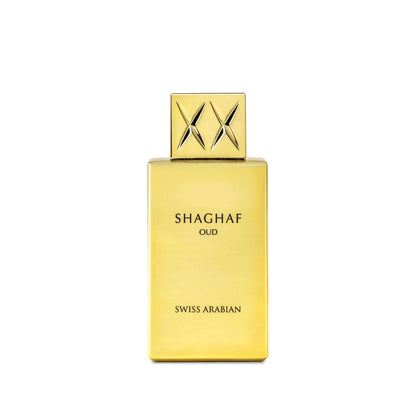 Shaghaf Oud perfume bottle: sleek gold with embossed cap, Swiss Arabian branding.
