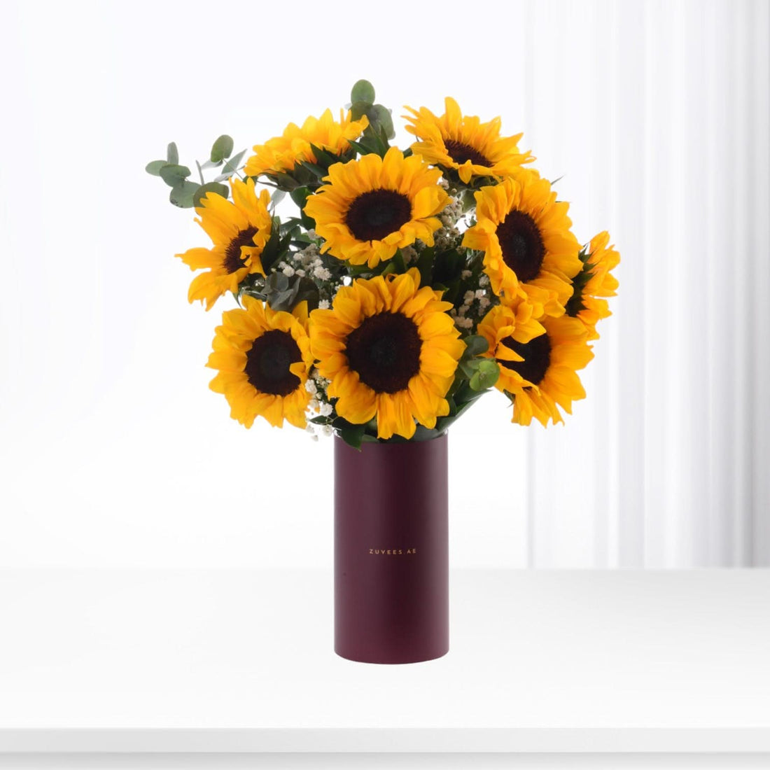 Vibrant sunflowers in deep burgundy vase, minimalist white background.