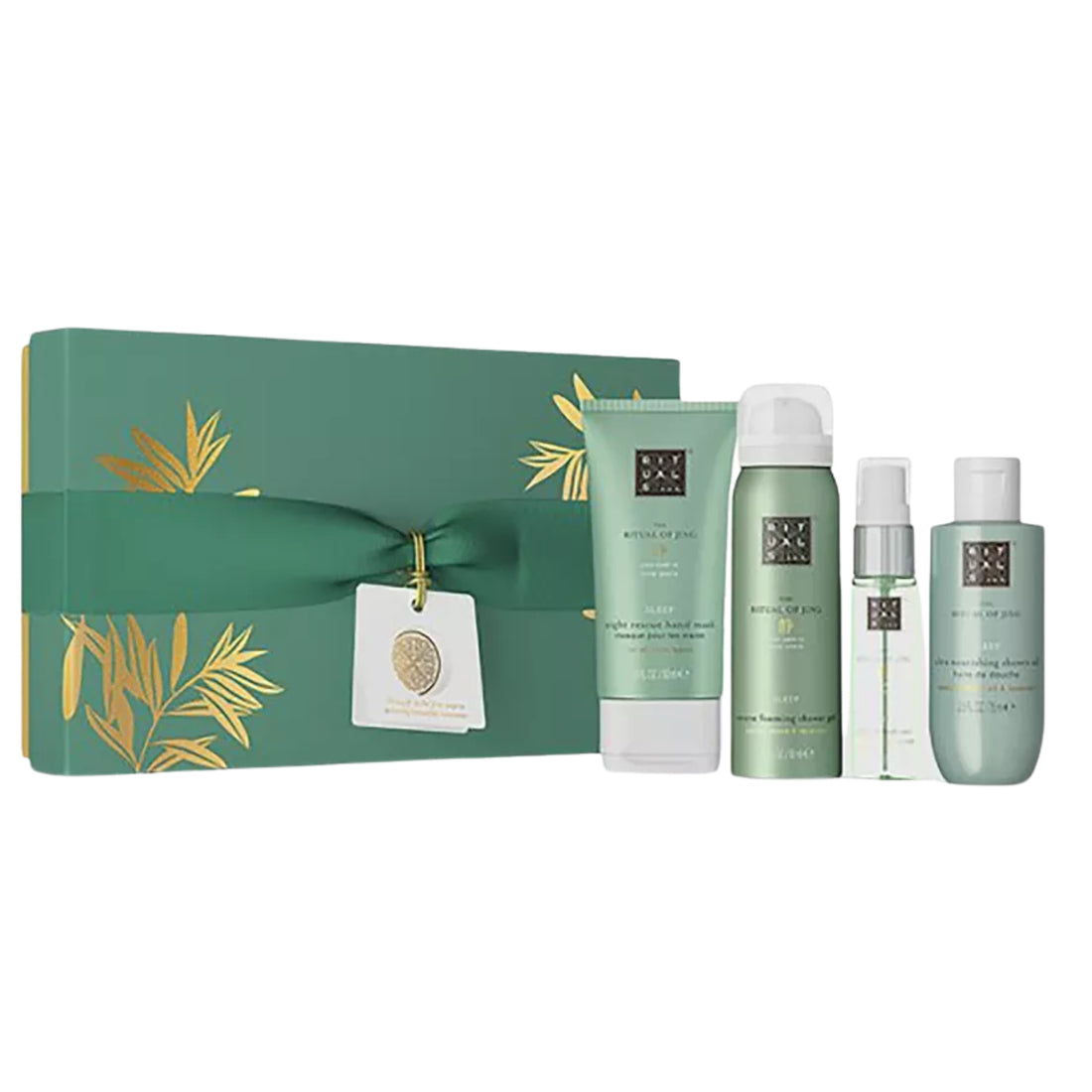 Emerald-green gift box with gold leaf accents holds four matching spa skincare products.