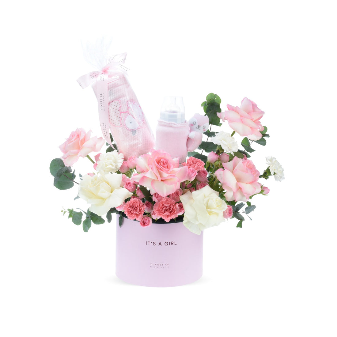 Pink roses and carnations in lavender box with baby essentials.