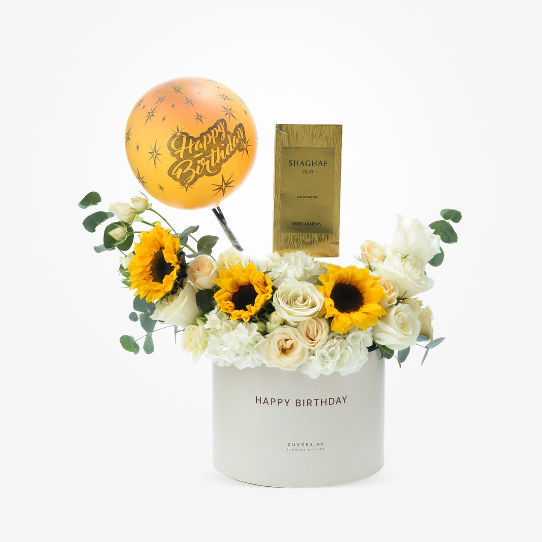 White roses, sunflowers, birthday balloon, Shaghaf Oud perfume in elegant white gift box.