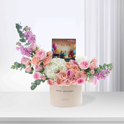Pink roses, white hydrangeas, eucalyptus in cream "Happy Birthday" box with gift card.
