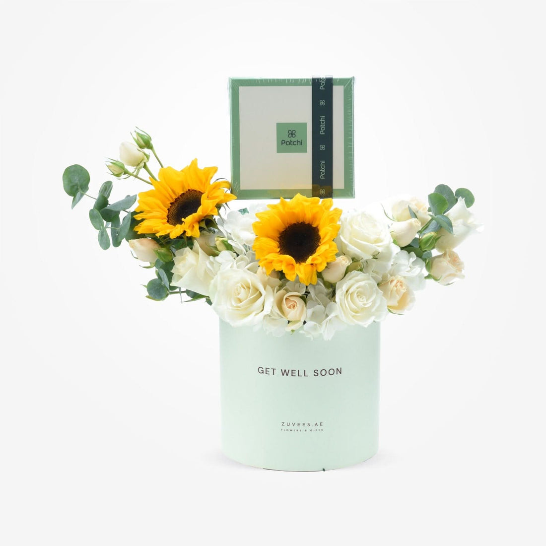 Sunflowers and white roses in mint-green "Get Well Soon" box with Patchi candle.