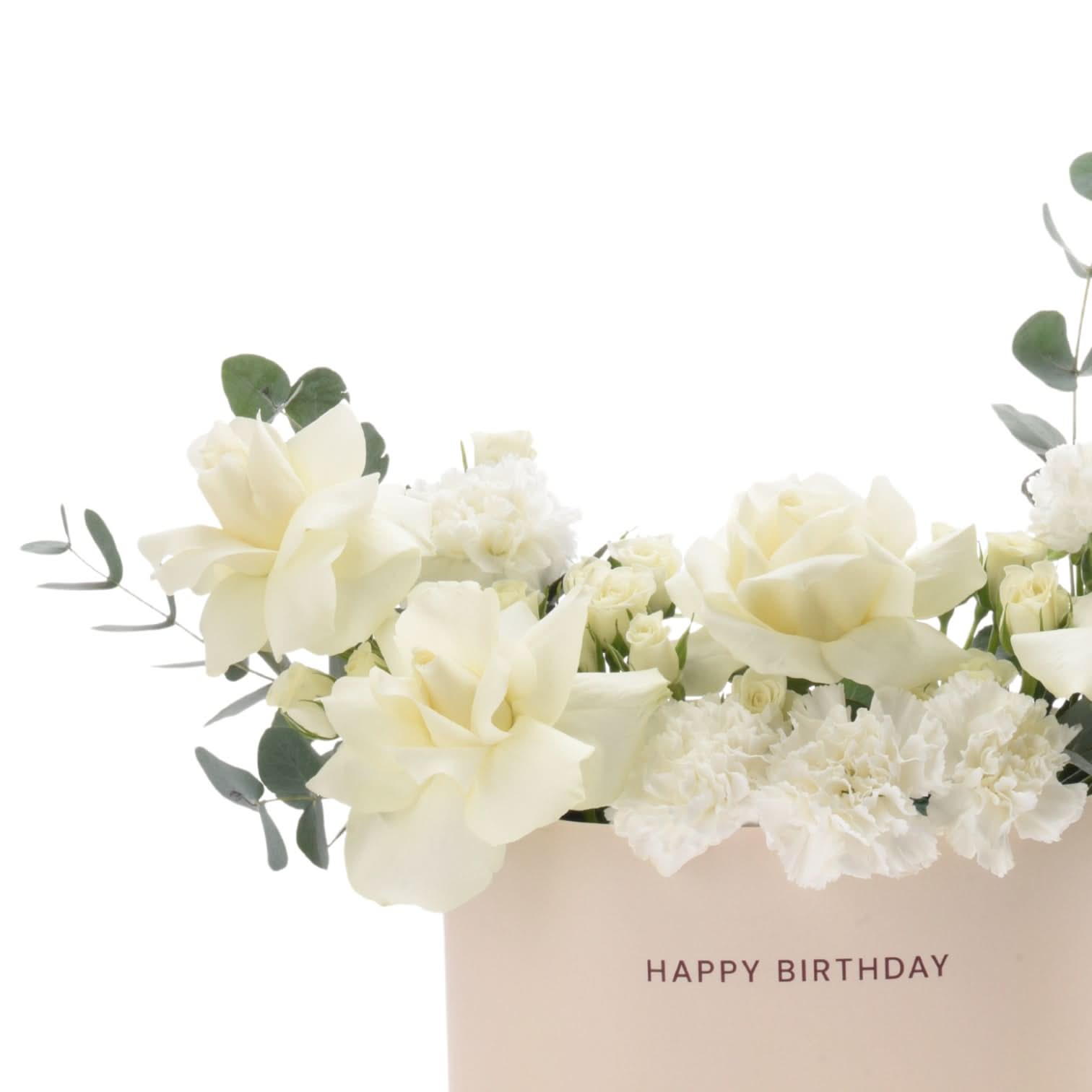 Elegant white roses and carnations in blush box with “Happy Birthday” text.