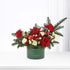Vibrant red roses, white blooms, pine, and ornaments in festive green box.