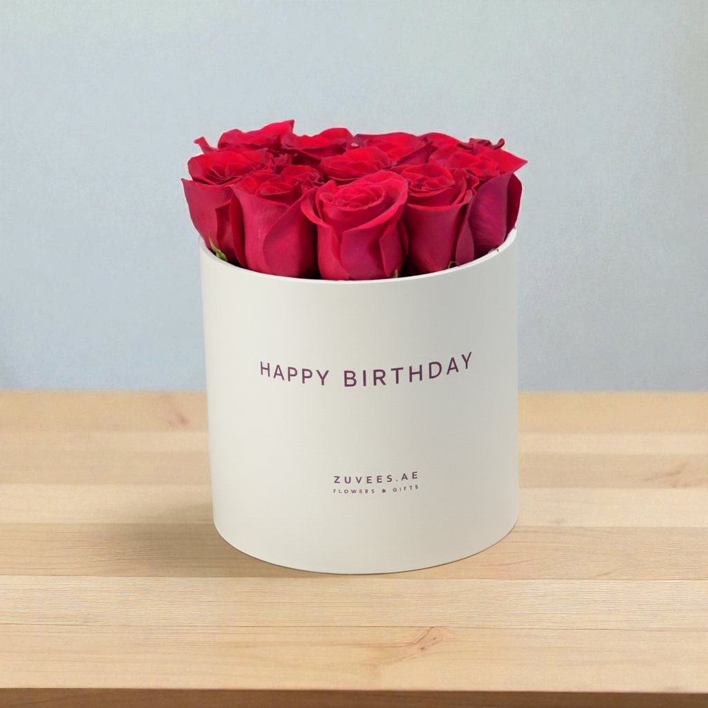 Vibrant red roses in elegant white box with "Happy Birthday" text.