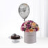 Orange pink purple green flower combo with cake and balloon in black box for birthday