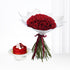Vibrant red roses bouquet with elegant maroon ribbon, paired with a matching red velvet cake.