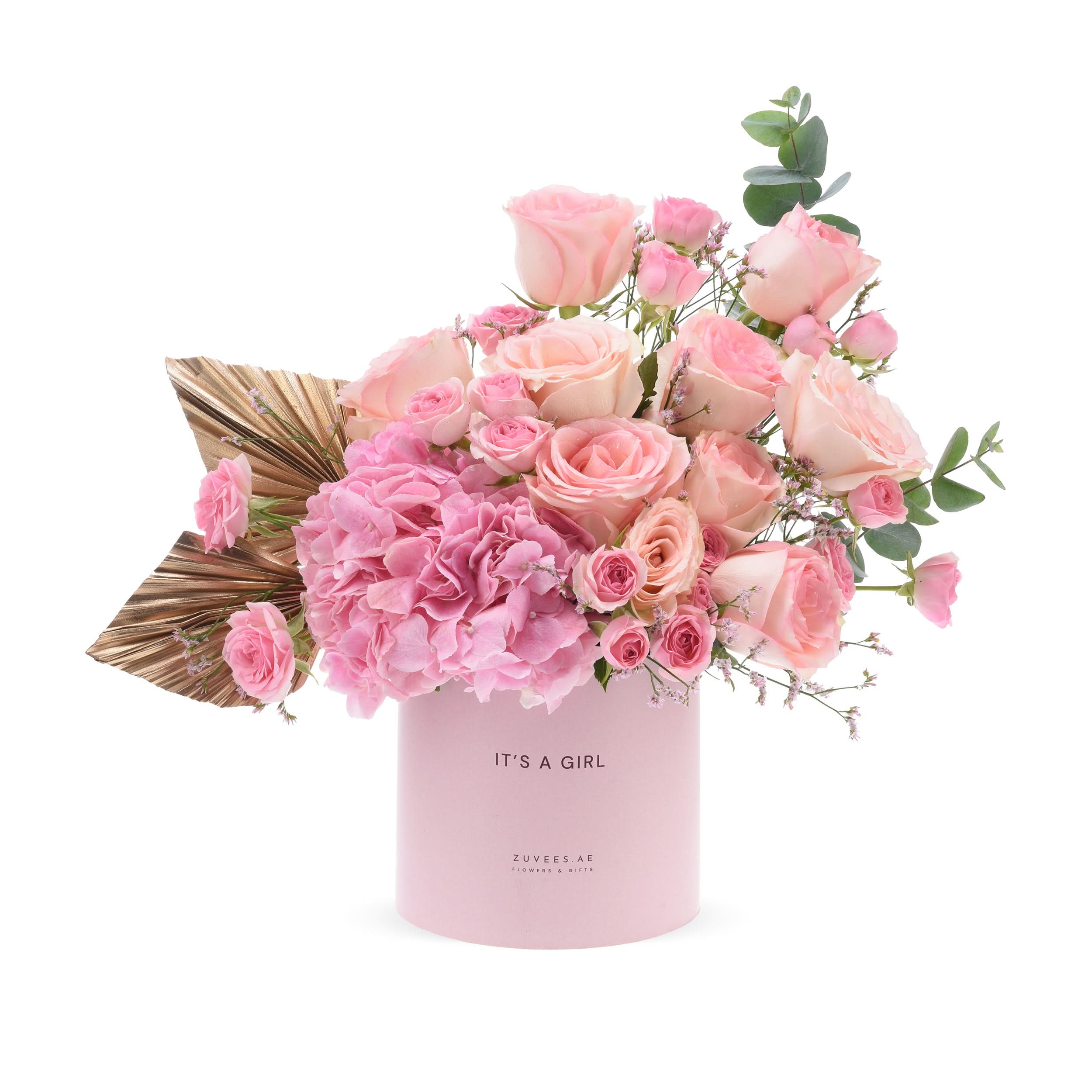 Soft pink roses and hydrangeas in a "It&
