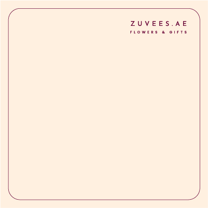 Soft blush square with maroon border, “ZUVEES.AE Flowers &amp; Gifts” text top right.