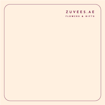 Soft blush square with maroon border, “ZUVEES.AE Flowers &amp; Gifts” text top right.