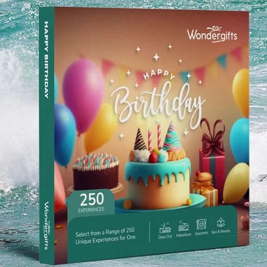 Vibrant birthday-themed gift box featuring colorful balloons, cakes, and 250 experience options.
