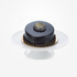 Glossy dark chocolate cake with gold leaf and chocolate beads on white stand.