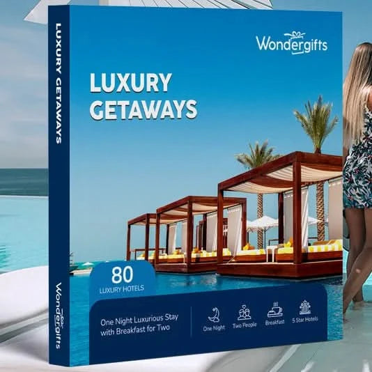 Blue box shows 80 luxury hotel getaways with poolside cabanas and breakfast for two.
