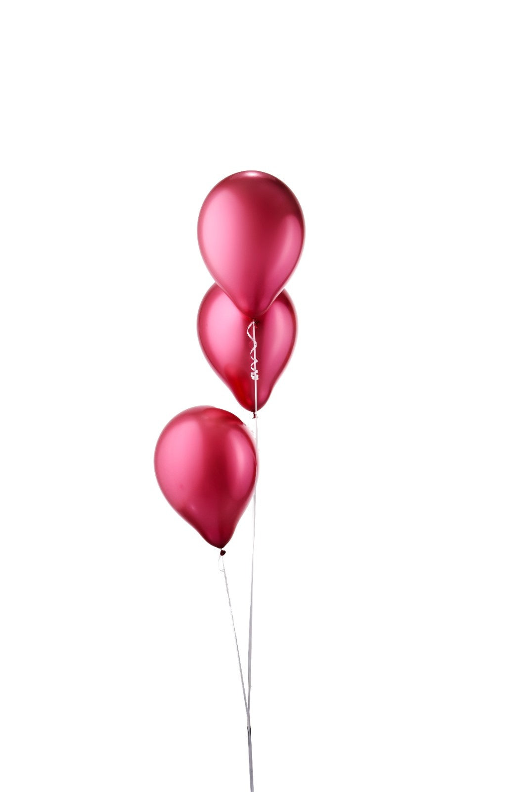 Three glossy pink balloons float vertically against stark white background.