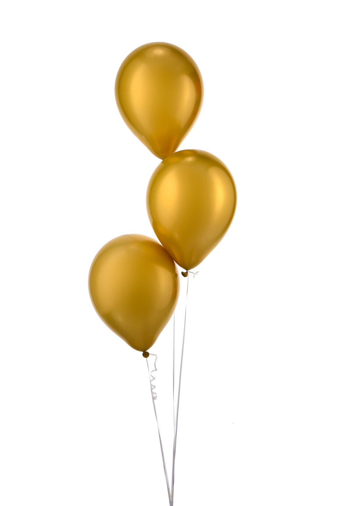 Three shiny gold balloons with white ribbons, floating against pure white background.